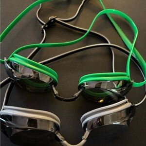 Green Sporti Anti Fog Goggles & Black Speedo Vanquisher 2.0 Mirror Swim Goggles